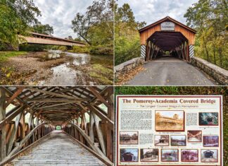 A collage of four images of the Pomeroy-Academia Covered Bridge in Juniata County, Pennsylvania. The top left photo shows the bridge from a distance over a creek. The top right is the entrance with a '11-7 FT CLEARANCE' sign. The bottom left image captures the interior wooden truss structure. The bottom right displays an informative plaque with historical details and images, stating it as the longest covered bridge in Pennsylvania.