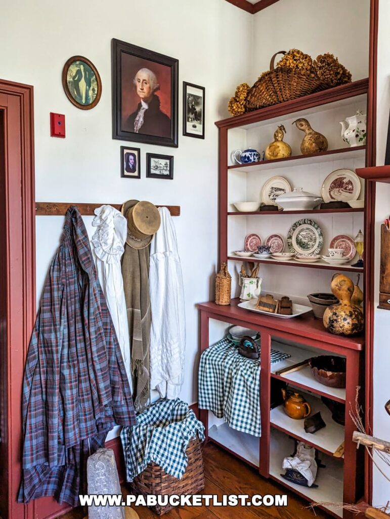 A cozy corner inside the Searights Tollhouse in Fayette County, Pennsylvania, with a homely feel. A wooden shelf holds ceramic dishes and gourds, with a basket of dried flowers on top. A red frame with historical portraits and pictures adorns the wall, next to an antique coat rack draped with garments including a hat, shawls, and a plaid garment. Below, a wicker basket contains a checkered cloth. A small iron and a candle lantern rest on the lower shelf, completing this snapshot of the past.