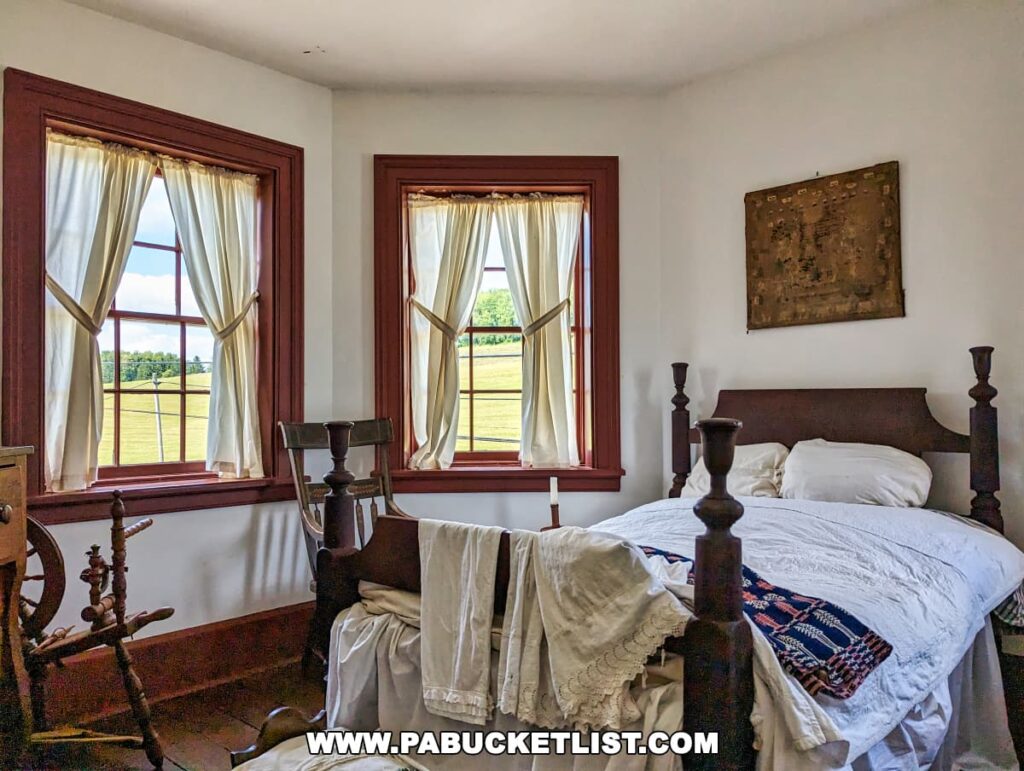 A rustic bedroom within the Searights Tollhouse in Fayette County, Pennsylvania, featuring a large wooden bed with a white quilt and a decorative blue and red blanket. A wooden spinning wheel and chair are positioned by the window, with sheer curtains tied back to reveal a view of the green landscape outside. Red window frames add a warm touch to the room, complemented by an aged, darkened metal plaque hanging on the wall.