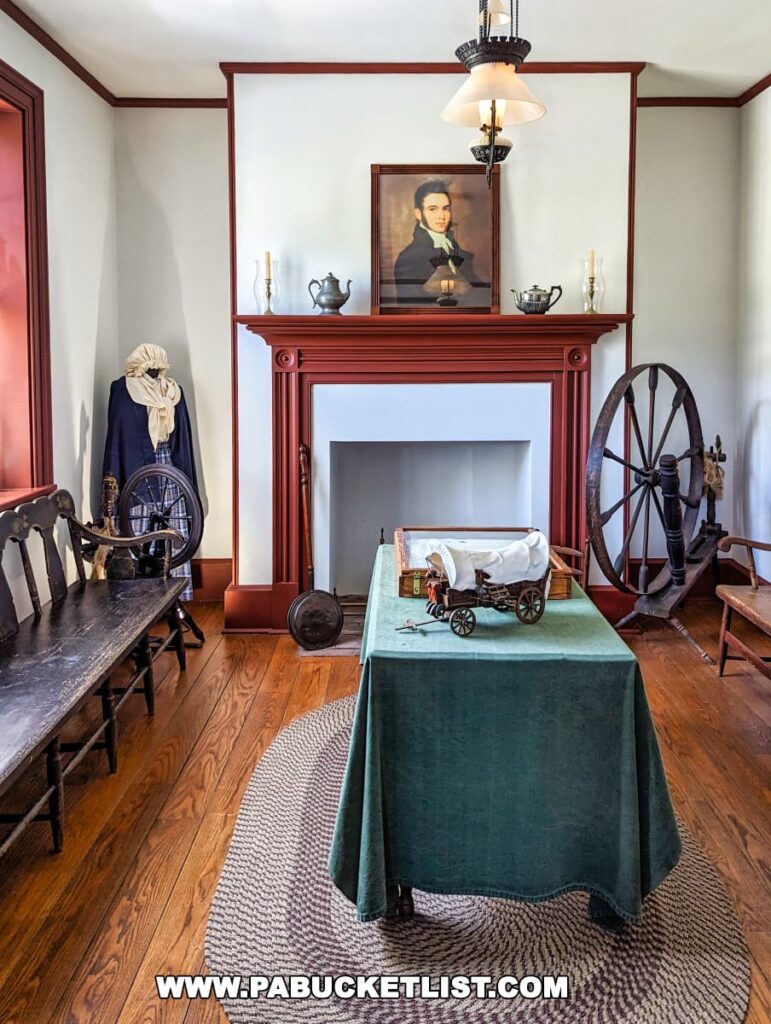 Historic room inside the Searights Tollhouse in Fayette County, Pennsylvania, styled with period furnishings. A wooden bench and a spinning wheel sit beside a fireplace with a red mantelpiece, above which hangs a portrait of a distinguished gentleman. A table covered with a green cloth displays a small scale model of a covered wagon. An antique lamp hangs from the ceiling, casting a warm glow over the braided rug below.