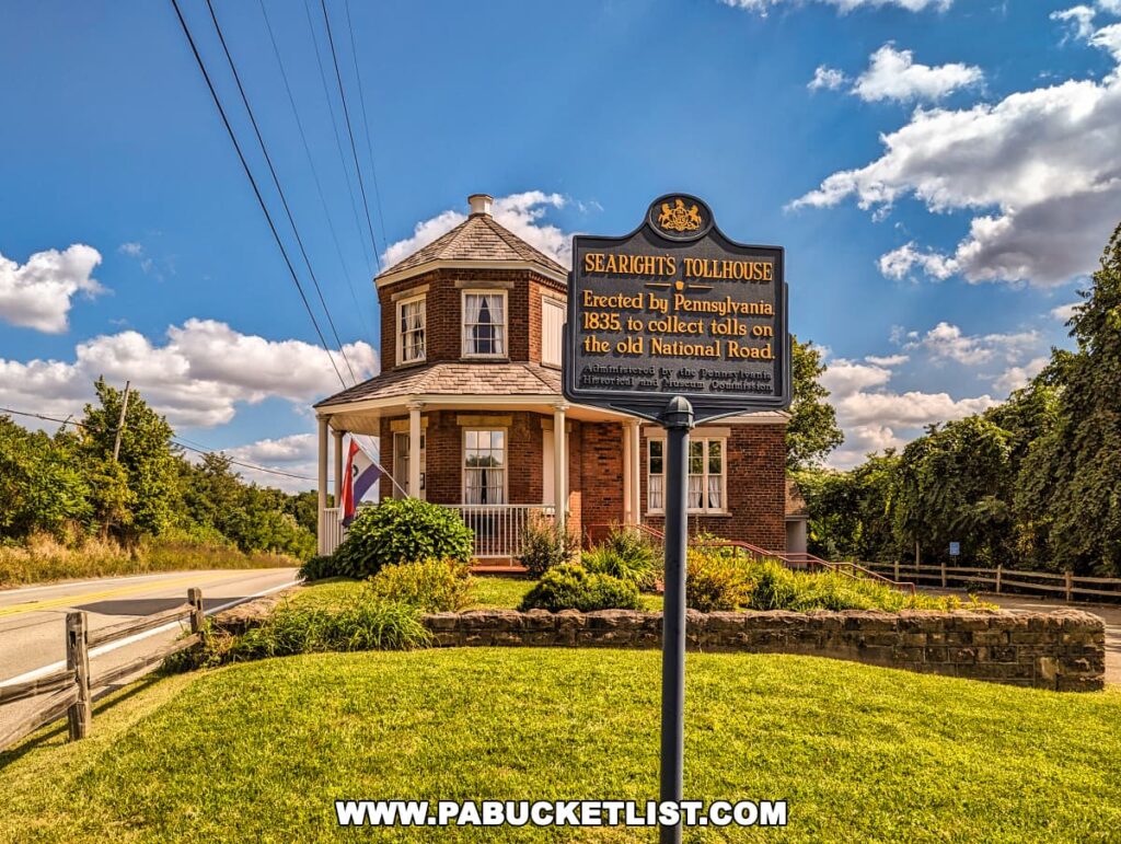 A picturesque image of the Searights Tollhouse, an octagonal brick historic building, located in Fayette County, Pennsylvania. In the foreground, there is a black historical marker sign detailing the tollhouse's history, stating it was erected by Pennsylvania in 1835 to collect tolls on the old National Road. The house is surrounded by lush greenery, with a well-kept lawn in the front, under a blue sky scattered with white clouds.