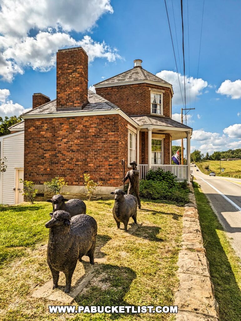 A vivid photograph capturing the Searights Tollhouse in Fayette County, Pennsylvania, featuring a charming brick building with a unique octagonal shape and a prominent chimney. A series of life-sized sheep statues are arranged in front on the lawn, leading towards the tollhouse. The house sports an 'OPEN' flag and is framed by a clear blue sky with fluffy clouds, power lines, and a stone border along the roadside.