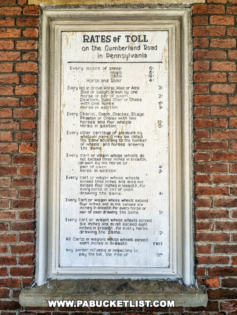 An antique rates of toll sign from the Searights Tollhouse on the Cumberland Road in Pennsylvania, displayed on a weathered white wooden board with black lettering, listing various toll rates for sheep, hogs, cattle, horses with riders, and different types of carriages based on wheel size. The sign is mounted on a red brick wall, evoking the historical significance of the location.