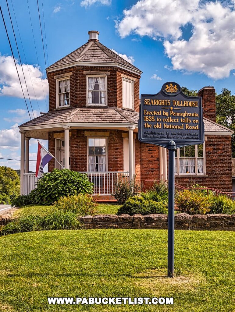A striking image of the historic Searights Tollhouse, a two-story octagonal brick building with a white porch, under a vivid blue sky dotted with clouds in Fayette County, Pennsylvania. A historical marker in the foreground provides information about the tollhouse, stating that it was erected by Pennsylvania in 1835 to collect tolls on the old National Road. The meticulously maintained lawn and the stone wall enhance the building's historical ambiance.