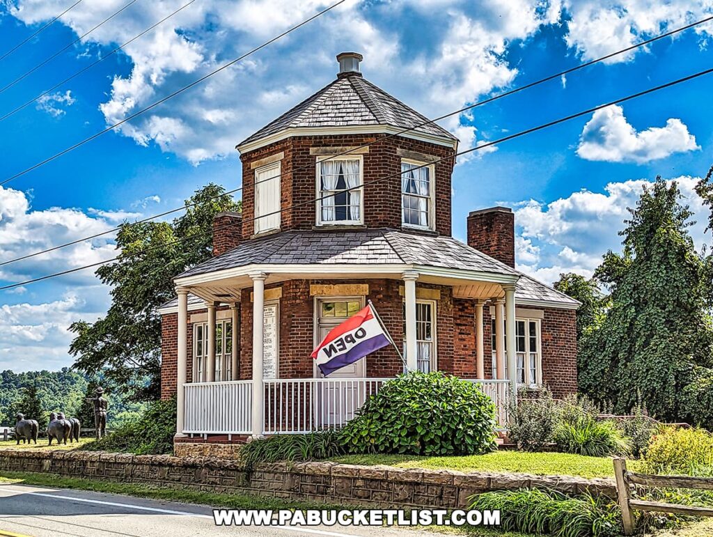 A vibrant photo of Searights Tollhouse, a historic brick building with a white porch and a prominent 'OPEN' flag, located in Fayette County, Pennsylvania. The tollhouse is set against a backdrop of a clear blue sky with fluffy clouds, accompanied by a well-maintained green lawn, a stone wall, and power lines above. To the left, a statue and several sheep sculptures are visible, adding a quaint, pastoral feel to the scene.