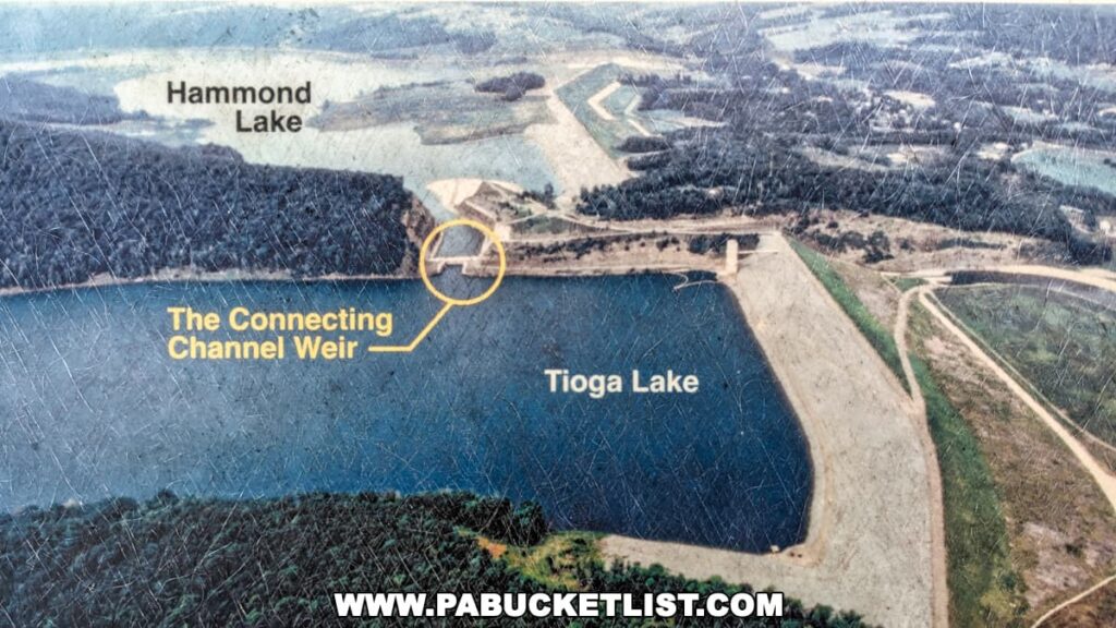 An aerial photograph featured at the Tioga-Hammond Lakes Overlook in Tioga County, Pennsylvania, showing Hammond Lake and Tioga Lake with the Connecting Channel Weir highlighted between them. The image illustrates the contrast between the two lakes and the surrounding landscape.