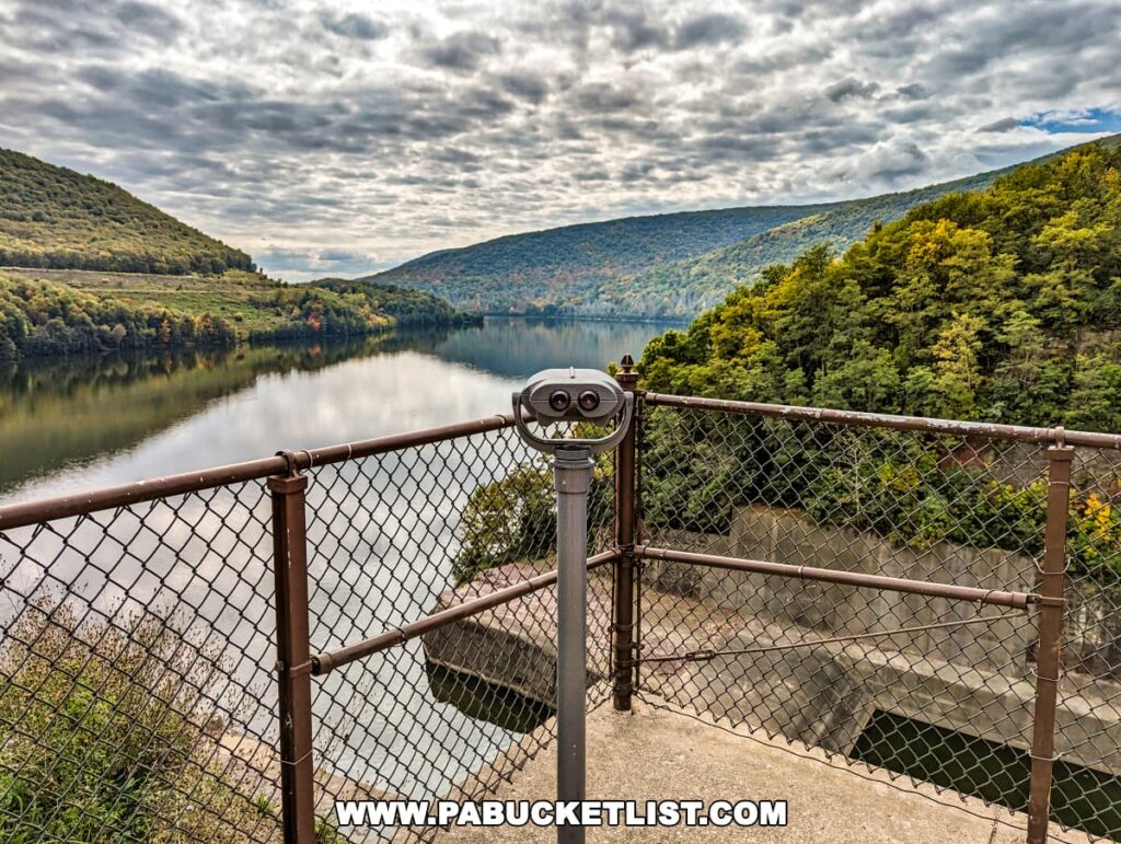 View from the Tioga-Hammond Lakes Overlook in Tioga County, Pennsylvania, featuring binoculars for visitors, overlooking a tranquil reservoir reflecting the cloudy sky above and flanked by lush green hills on either side.