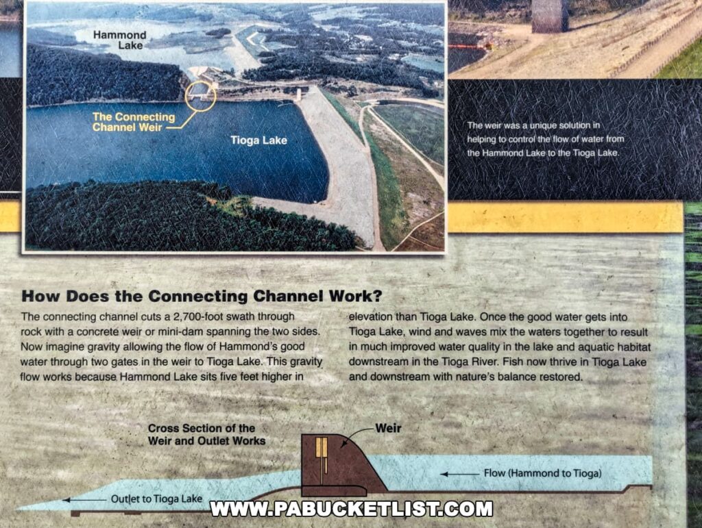 Informational display at Tioga-Hammond Lakes Overlook in Tioga County, Pennsylvania, describing the function of the Connecting Channel Weir between Hammond Lake and Tioga Lake. It includes aerial photos of the lakes, a cross-section diagram of the weir, and text explaining how the channel improves water flow and quality, enhancing aquatic habitat.