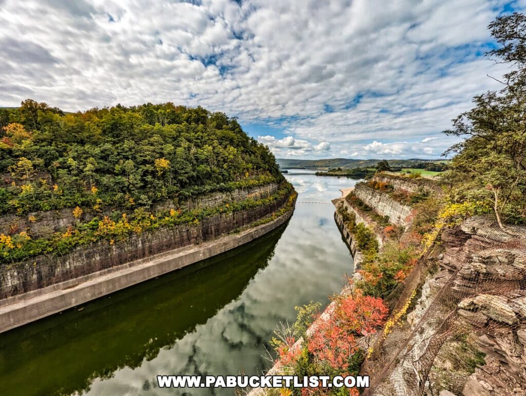Overlooking the connecting channel at Tioga-Hammond Lakes Overlook in Tioga County, Pennsylvania, this view captures the channel's calm water reflecting the sky, with verdant tree-covered embankments on either side showing early signs of autumnal color change, under a sky patterned with clouds.