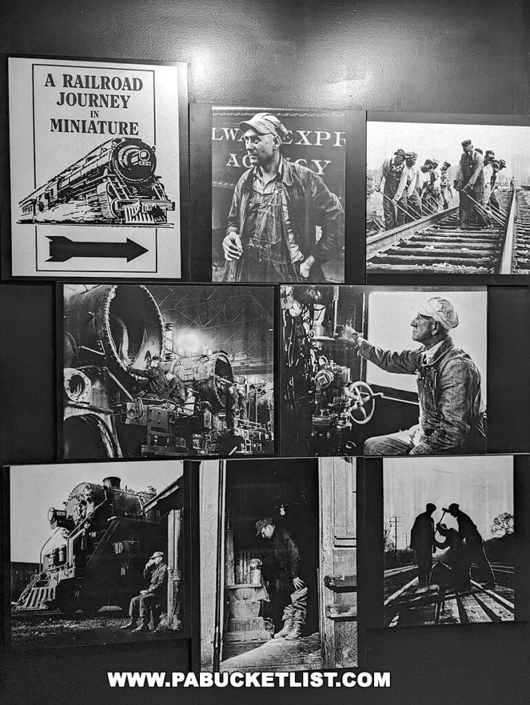 An array of black and white photographs and a sign displayed on a wall. The sign reads "A RAILROAD JOURNEY IN MINIATURE" with an arrow pointing to the right, indicating the direction to an exhibit at the Western PA Model Railroad Museum. The photographs depict various scenes related to railroads and workers.