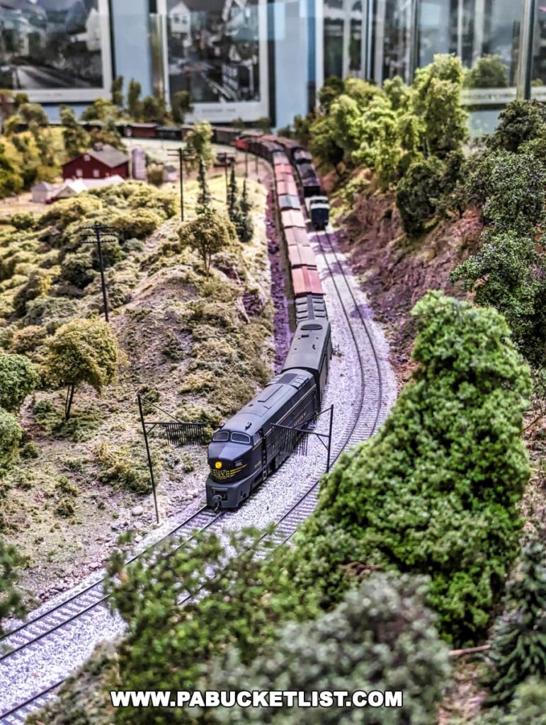 A detailed miniature model train display at the Western PA Model Railroad Museum. The scene features a vintage-style locomotive traveling through a lush, hilly landscape dotted with trees and a red barn in the background. The realism of the vegetation and the careful placement of the train on the tracks contribute to the authenticity of the model, which is likely part of the museum's Christmas Open House exhibit, capturing the charm and intricacy of model railroading.