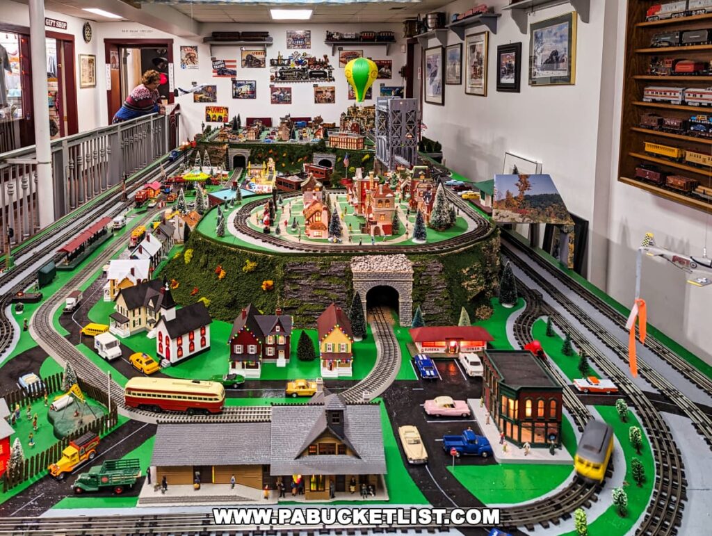 A vibrant and colorful miniature train layout at the Western PA Model Railroad Museum, bustling with activity. The layout includes multiple train tracks, various model trains, and a range of detailed buildings and landscapes, creating a lively small-town scene. In the background, a visitor leans over a railing to get a closer look at the exhibit. The walls are adorned with framed pictures and shelves displaying train memorabilia, adding to the rich atmosphere of the museum. The scene is a testament to the hobby of model railroading and its ability to capture the imagination.