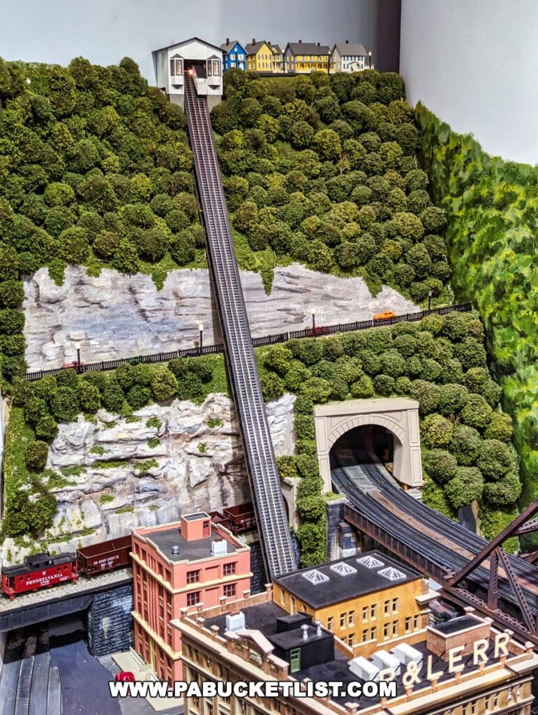 A model replica of the Duquesne Incline as part of a train display at the Western PA Model Railroad Museum. The incline ascends a steep, tree-covered hill with detailed landscaping, leading to a row of colorful houses at the top. A train emerges from a tunnel at the base of the hill, passing by realistically modeled industrial buildings labeled "P&LE RR," referring to the Pittsburgh and Lake Erie Railroad. The miniature scene captures the historic and iconic features of Pittsburgh's transportation heritage with great attention to detail.