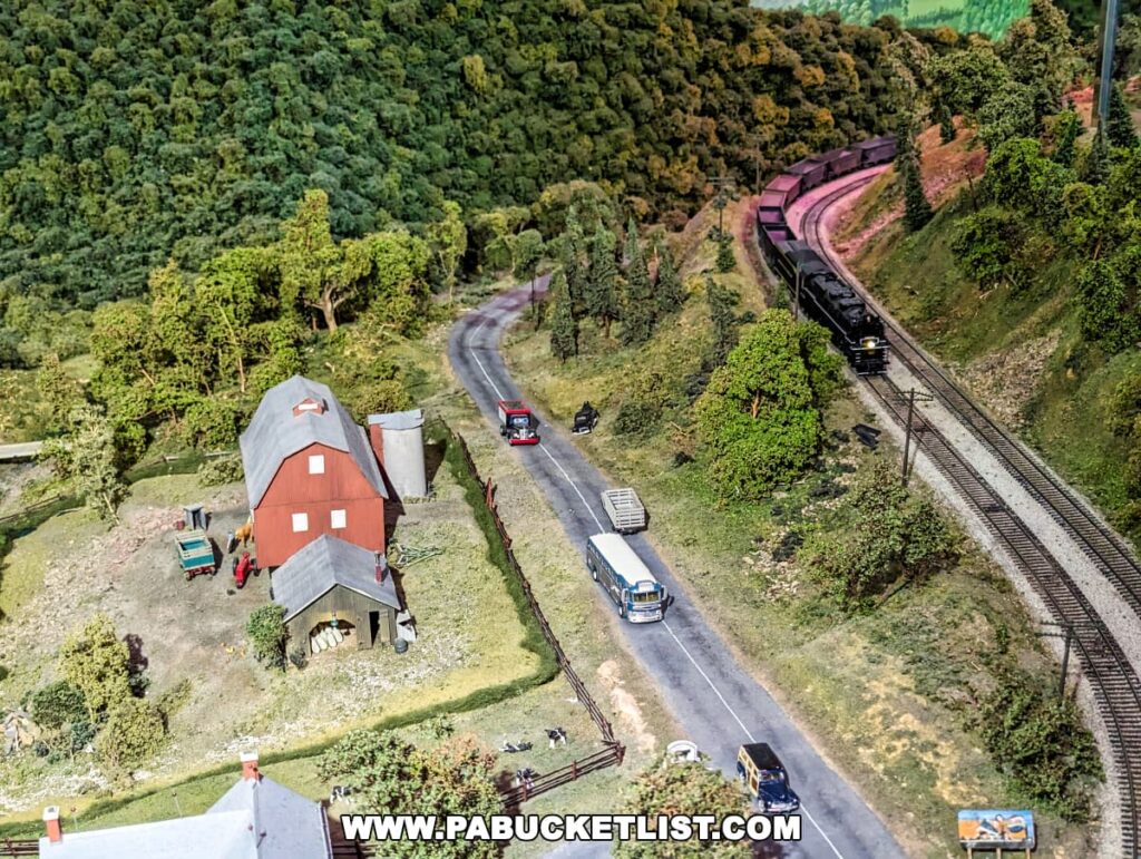 A detailed miniature scene at the Western PA Model Railroad Museum in Gibsonia, showcasing an HO scale model train layout with a red barn, surrounding greenery, a winding road with vehicles, and a train coming around a bend.