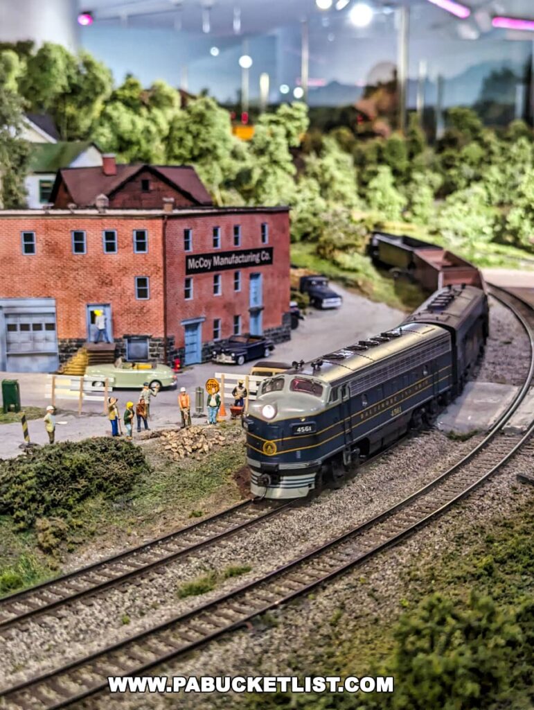 A close-up view of a model train and miniature figures at the Western PA Model Railroad Museum in Gibsonia, featuring the Mon Valley System with a detailed scene of workers outside McCoy Manufacturing Co., against a backdrop of trees and a reflective glass case.