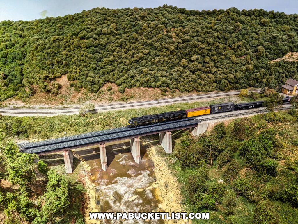 A scenic model train display at the Western PA Model Railroad Museum in Gibsonia, representing the Ohiopyle High Bridge, with a model train crossing a bridge over a river, flanked by dense greenery and a winding road, beside a lone house on the hillside.