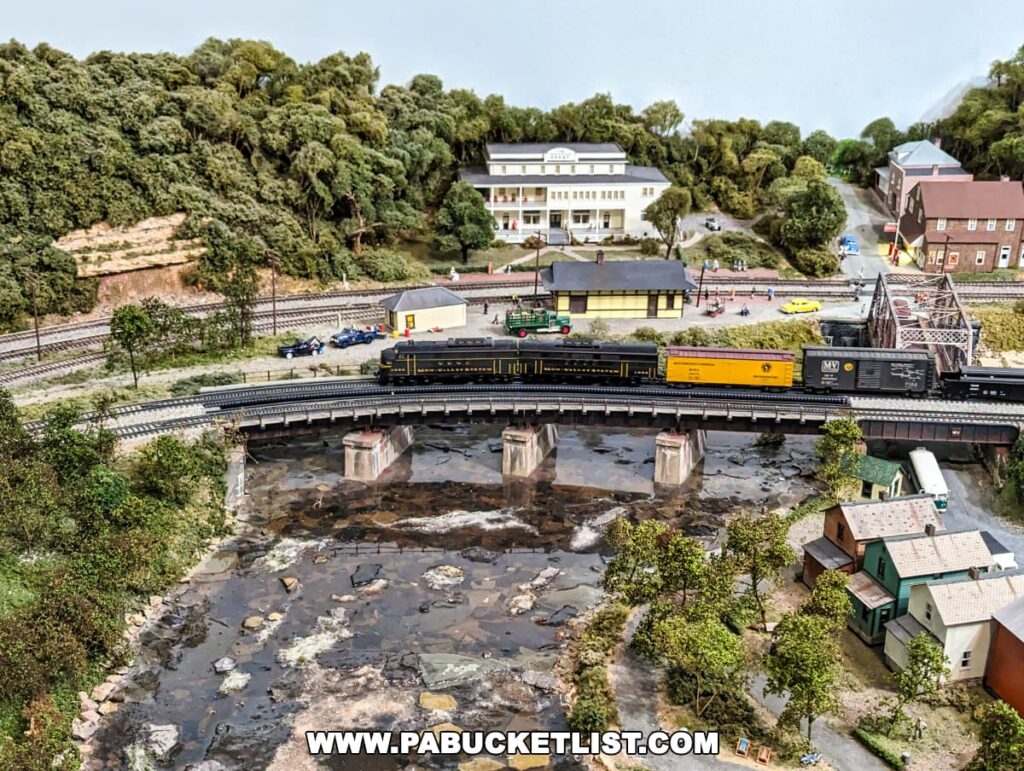 A detailed miniature model at the Western PA Model Railroad Museum in Gibsonia, showing a train crossing the Ohiopyle Low Bridge over a rocky riverbed, surrounded by a realistic landscape with buildings, vehicles, and figures to recreate a vibrant town scene.
