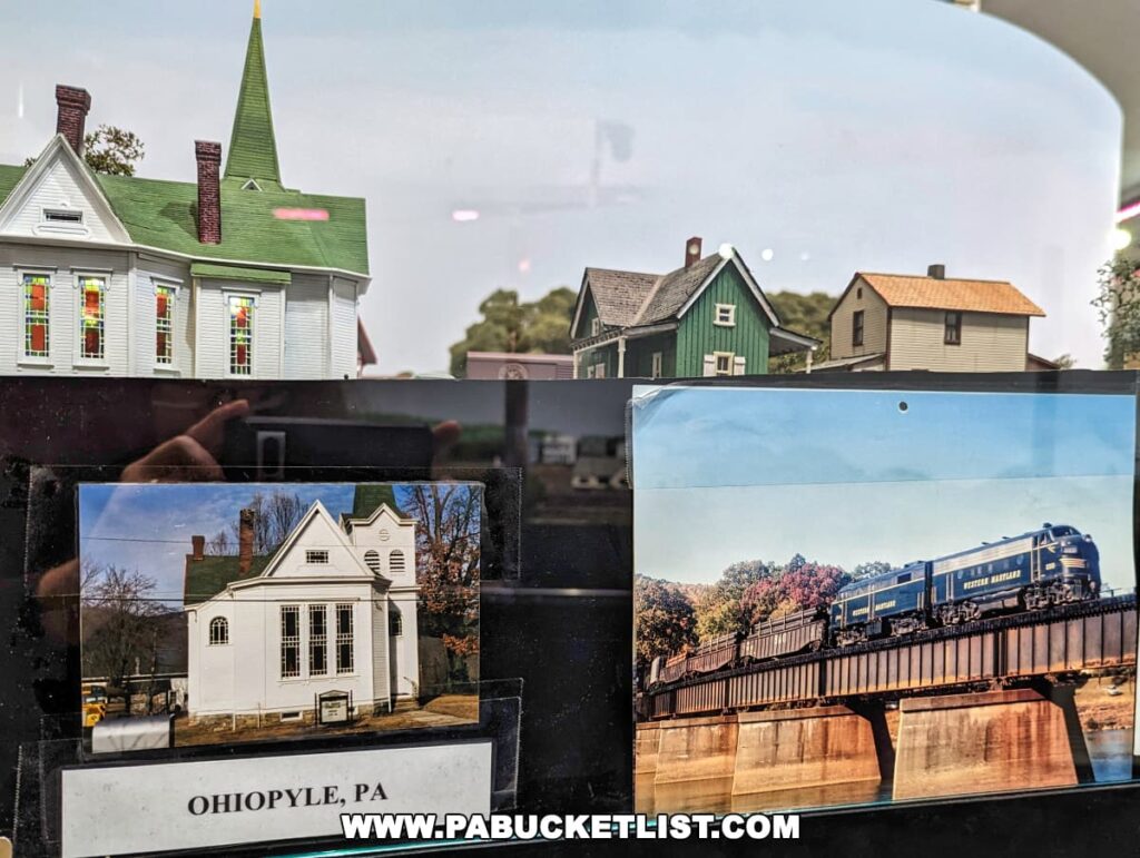 Model replicas of historic buildings from Ohiopyle, PA, at the Western PA Model Railroad Museum in Gibsonia, with a photo of the actual Ohiopyle buildings displayed below the model versions.