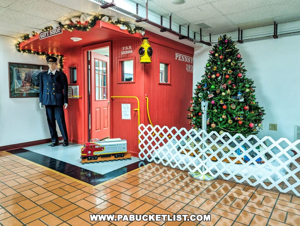 Interior view of the Western PA Model Railroad Museum in Gibsonia featuring a mannequin dressed in a conductor's uniform standing by a red door marked 'Gift Shop', a decorated Christmas tree, and a model train running along a track on the floor.