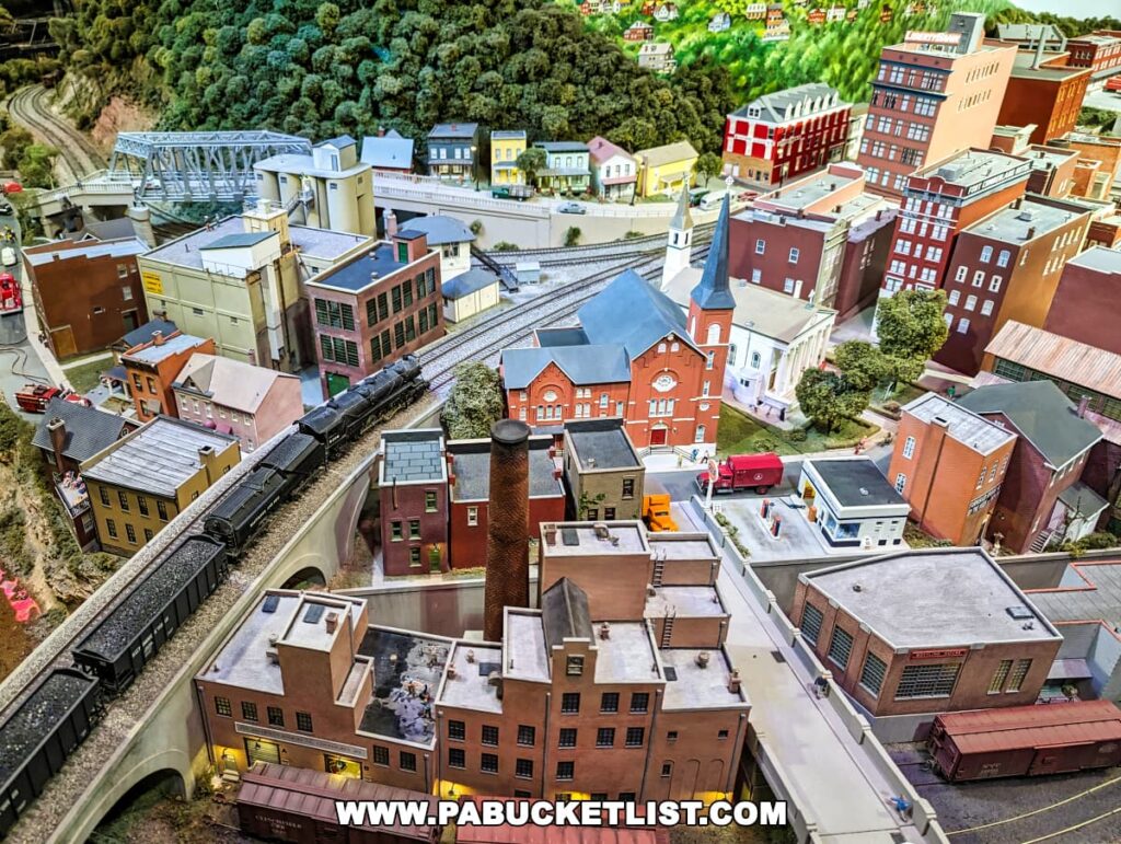 An elaborate model train setup at the Western PA Model Railroad Museum in Gibsonia, depicting a bustling miniature town modeled after Cumberland, Maryland, with intricate buildings, a bridge, and a train passing through the center.