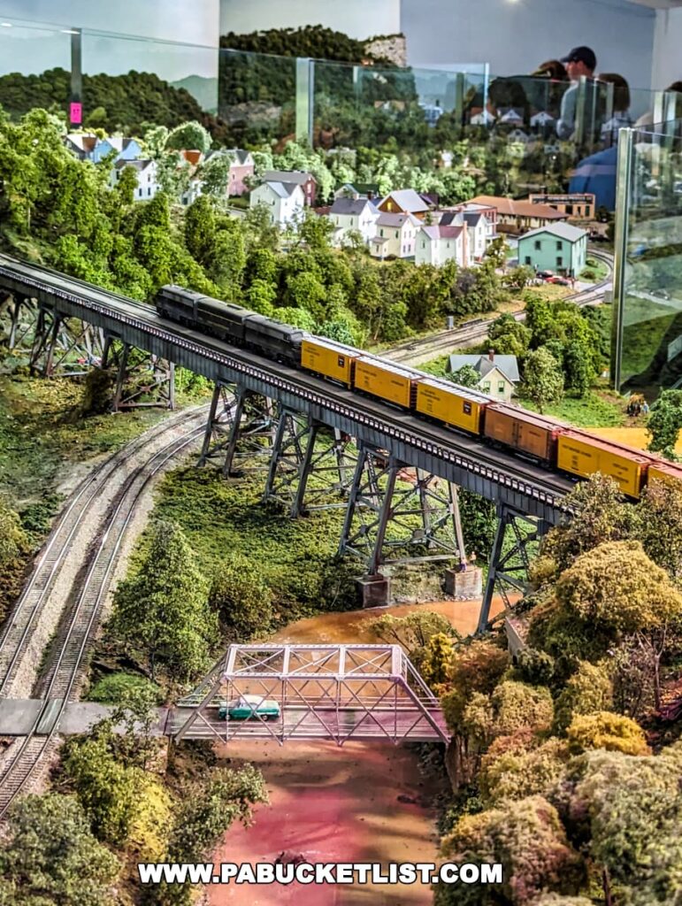 A highly detailed model train display at the Western PA Model Railroad Museum in Gibsonia, featuring a train crossing the Salisbury Viaduct over a tree-dense landscape with a river below and a backdrop of a small residential area.