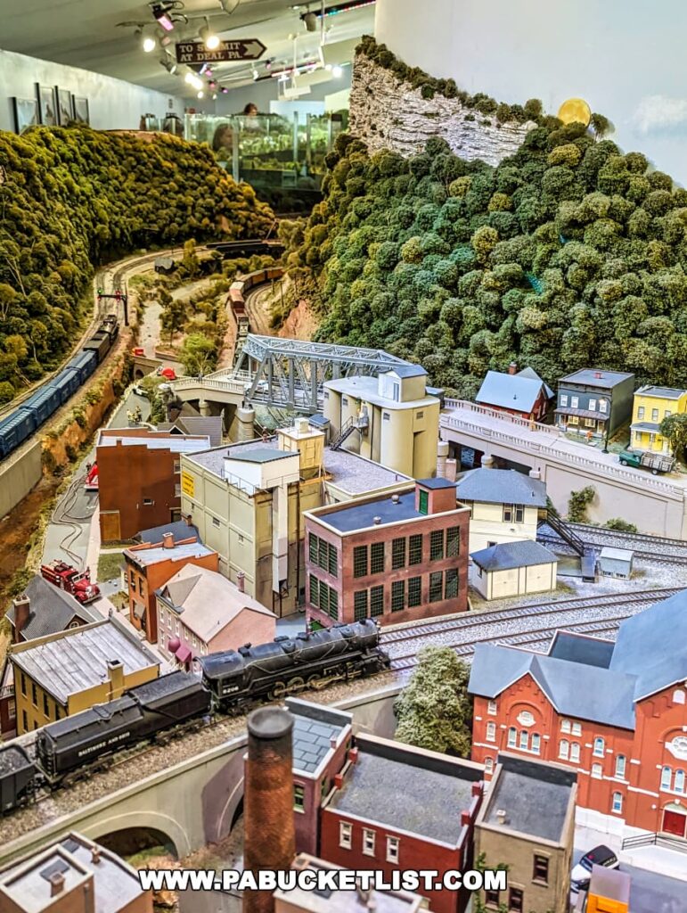 A complex model railway scene at the Western PA Model Railroad Museum in Gibsonia, featuring a miniature version of Cumberland Narrows with a train passing through a detailed industrial and residential area, complete with a bridge and lush greenery on a hillside.