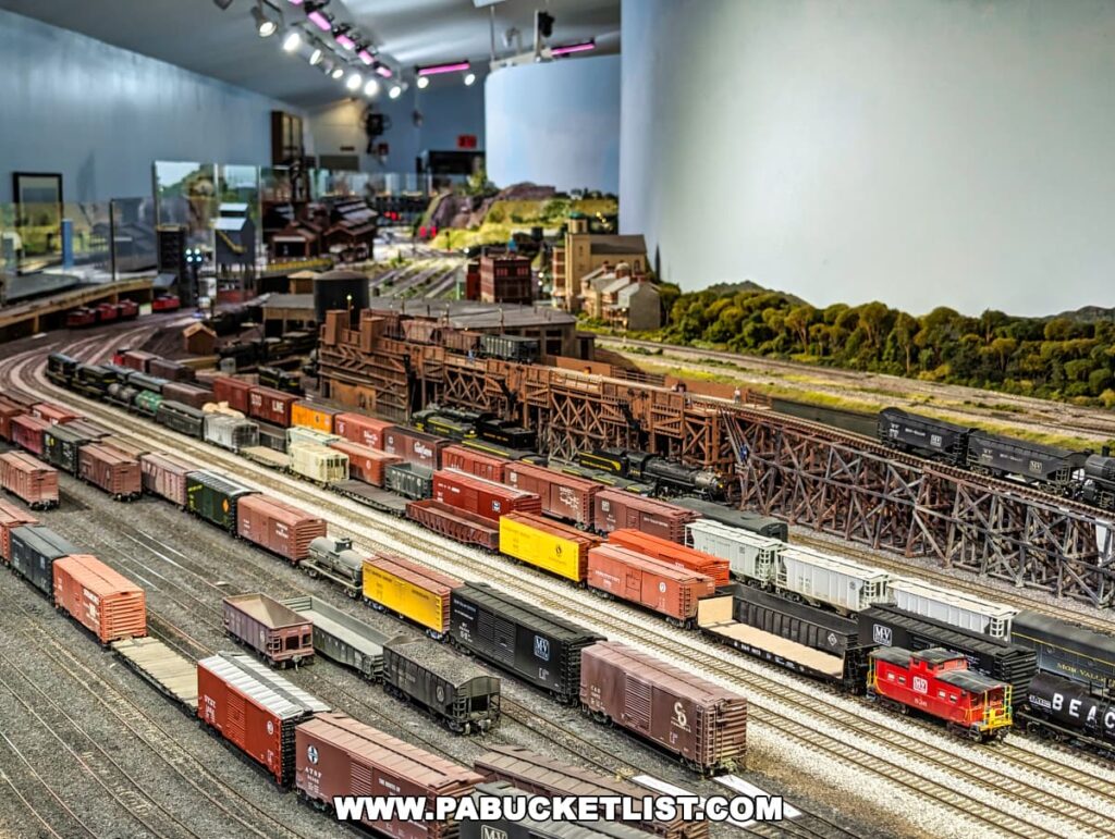 A vast display of model railroad cars at the Western PA Model Railroad Museum in Gibsonia, with a collection of more than 350 detailed locomotives and railcars arranged on multiple tracks, featuring various types of freight cars, and a backdrop of industrial and natural landscapes.