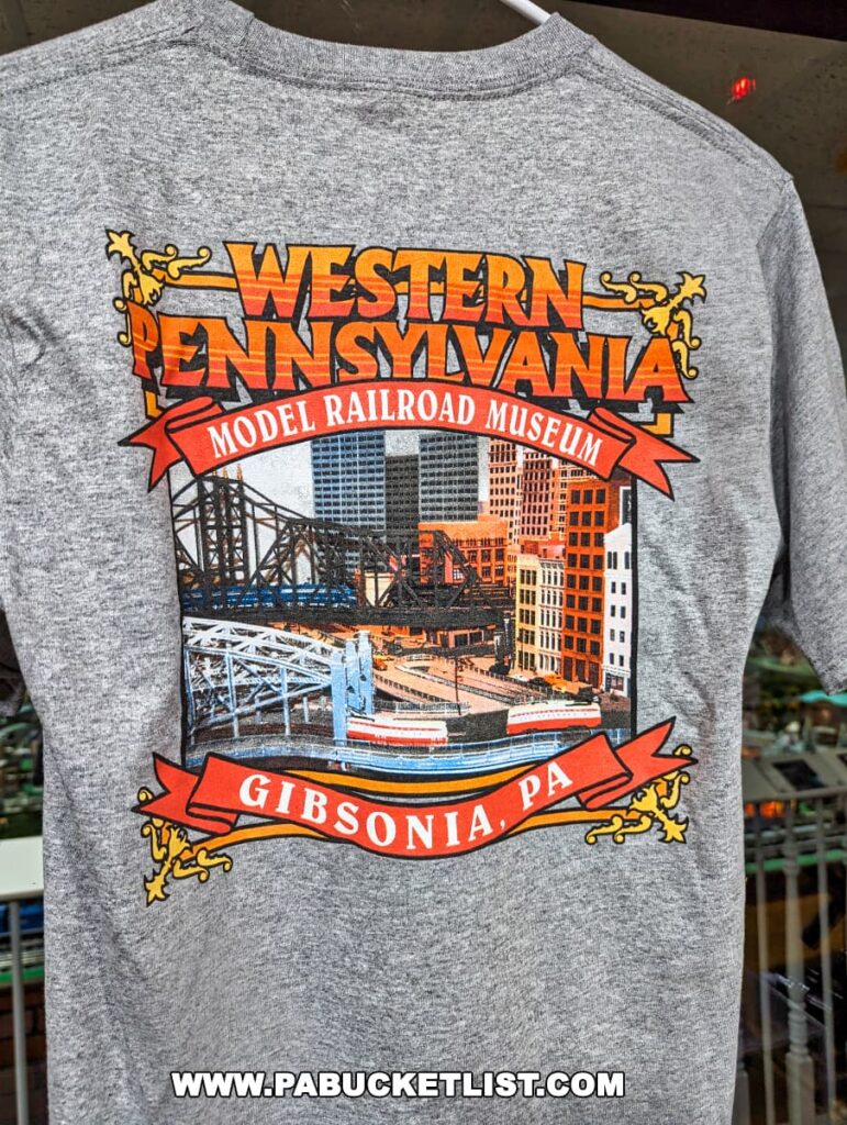 A gray souvenir t-shirt from the Western Pennsylvania Model Railroad Museum in Gibsonia, PA, featuring a colorful graphic of a train on a bridge with the museum's name in bold lettering above and the location below.