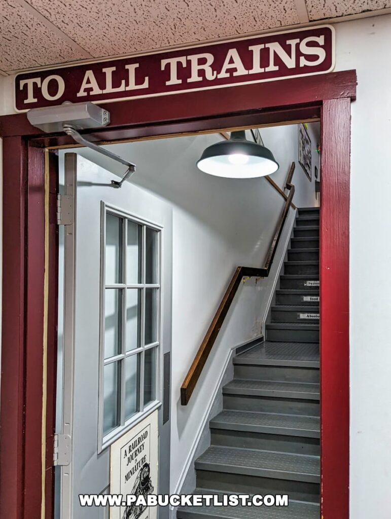 Staircase at the Western PA Model Railroad Museum in Gibsonia with a sign reading 'TO ALL TRAINS' at the top, leading to an upstairs exhibit, featuring a wooden handrail, a security camera, and informational poster on the wall.