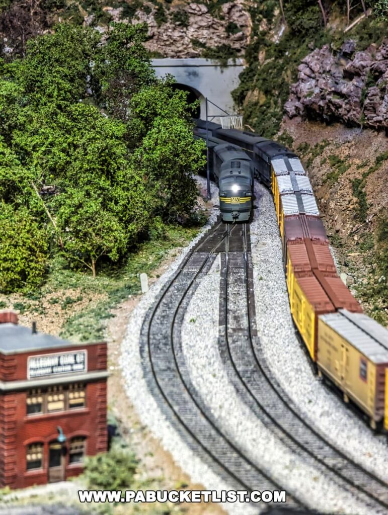 A model train emerging from a tunnel on a detailed miniature landscape at the Western PA Model Railroad Museum in Gibsonia, with lush greenery, rocky outcrops, and a realistic 'Harrison Coal' building in the foreground.