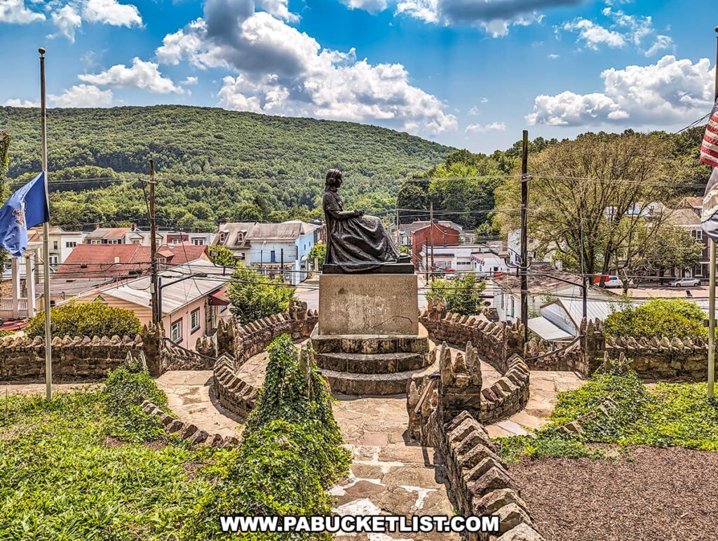 The Ashland Mothers' Memorial statue seen from behind, presiding over a panoramic view of Ashland, Pennsylvania. The memorial is centered between an American flag on the right and a Pennsylvania state flag on the left. A series of stone steps leads down to the town, showcasing houses, streets, and lush green hills in the background under a partly cloudy sky.