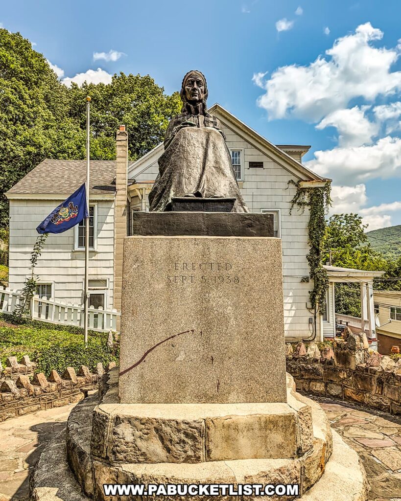 Bronze statue of a seated woman, representing the Ashland Mothers' Memorial in Ashland, Pennsylvania. The statue is mounted on a stone pedestal with the inscription 'ERECTED SEPT 5 1938'. A Pennsylvania state flag is displayed to the left. The memorial is surrounded by a stone semi-circular wall and is located in a residential area with houses and lush greenery in the background.