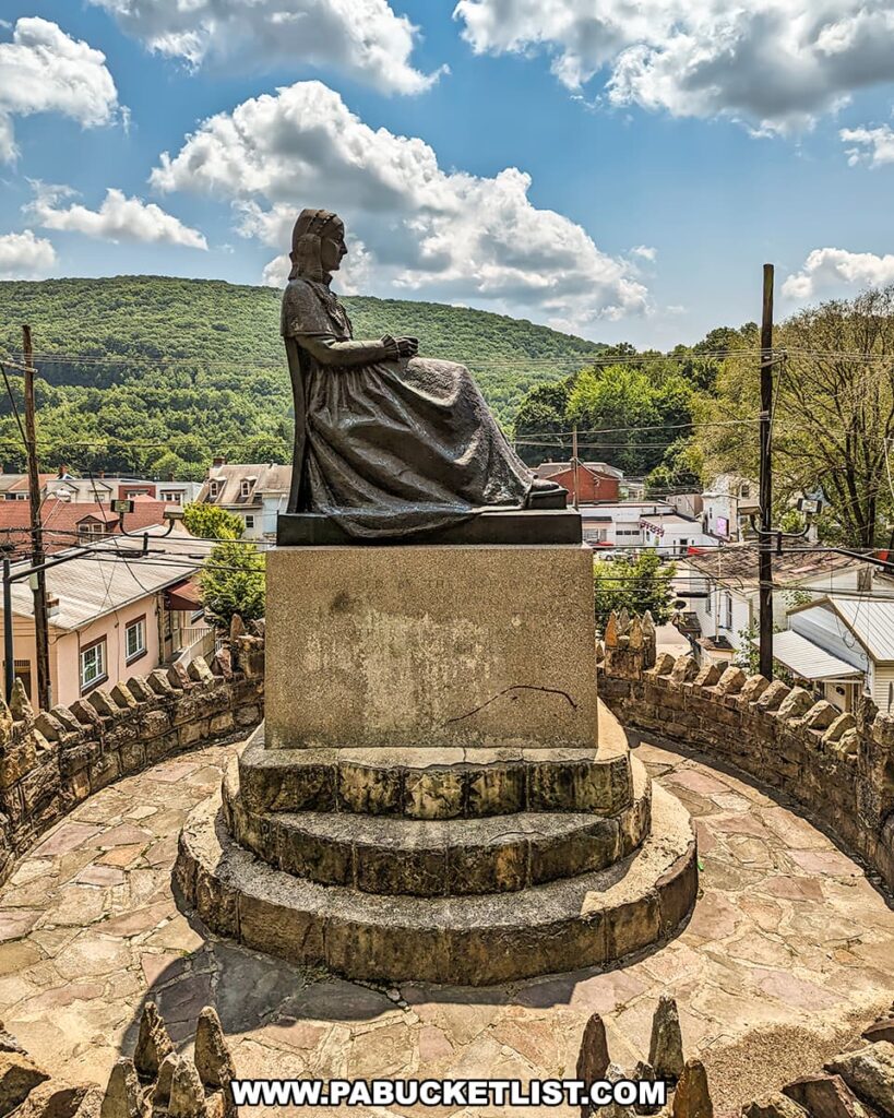 Side view of the Ashland Mothers' Memorial bronze statue, elevated on a stone pedestal within a circular stone wall, overlooking the town of Ashland, Pennsylvania. The statue depicts a seated woman, gazing into the distance towards the green, rolling hills. Below, the town's architecture and streets can be seen stretching into the lush tree-covered landscape.