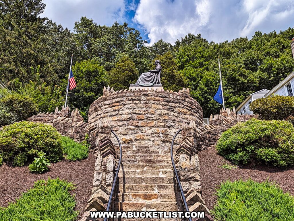 View from the base of the hill leading up to the Ashland Mothers' Memorial in Ashland, Pennsylvania. Stone steps flanked by stone walls with pointed tops ascend towards the bronze statue of a seated woman, which is positioned between an American flag on the left and a Pennsylvania state flag on the right. The memorial is set against a backdrop of lush greenery and residential homes, under a partly cloudy sky.