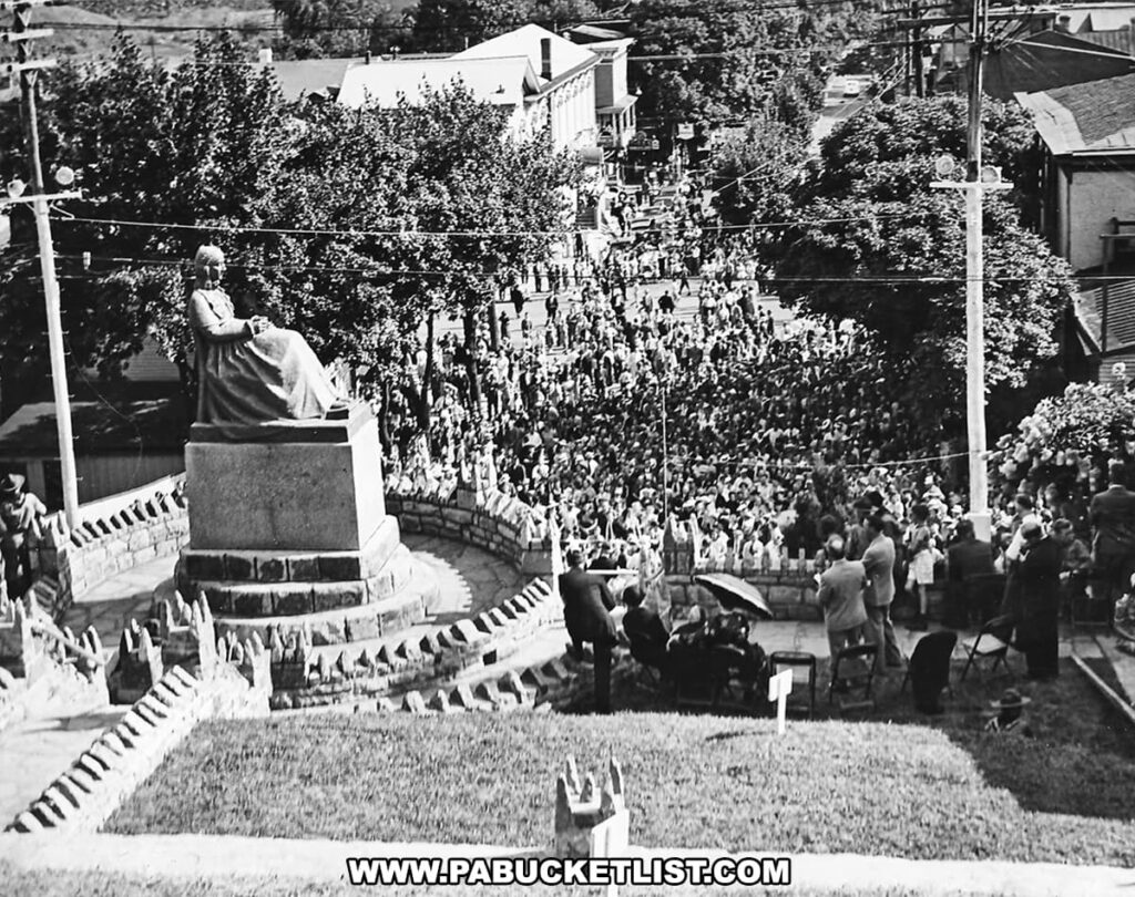 Historic black and white photograph of the dedication ceremony for the Ashland Mothers' Memorial in 1938, Ashland, Pennsylvania. A large crowd has gathered around the circular stone wall enclosing the bronze statue of the seated woman. Many people are standing, and some are seated in folding chairs, all facing the memorial. Buildings and trees line the background, indicative of the community's presence and interest.