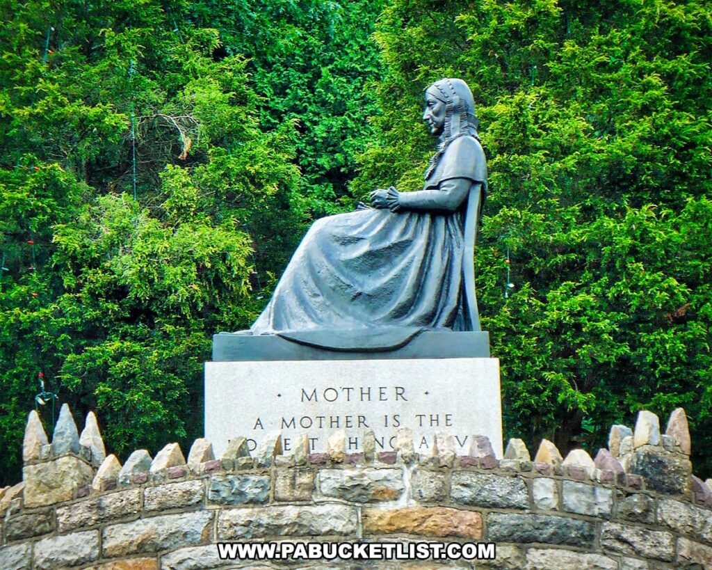The Ashland Mothers' Memorial statue in Ashland, Pennsylvania, seen from a side angle. The statue of a seated woman is perched atop a stone pedestal that reads 'MOTHER / A MOTHER IS THE / HOLIEST THING / ALIVE.' The memorial is enclosed by a pointed stone wall and set against a backdrop of dense green foliage.