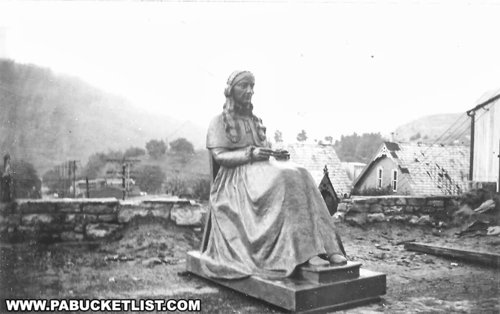 A historic black and white photo of the Ashland Mothers' Memorial statue during its installation in 1938 in Ashland, Pennsylvania. The statue of the seated woman is in stark contrast to the surrounding undeveloped landscape, with bare ground and a few scattered buildings in the background. The photograph captures a moment in time before the memorial became a fully established site.