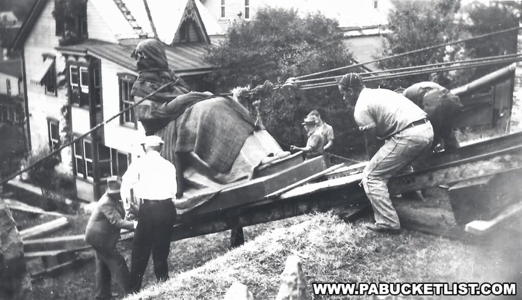 Vintage black and white photograph showing the installation of the Ashland Mothers' Memorial statue in 1938, Ashland, Pennsylvania. The statue is being maneuvered into place by several workers using a wooden ramp and ropes. One man is directing the operation while others are actively pushing and pulling to position the statue. Residential homes and the hilly landscape of Ashland serve as a backdrop to the scene.