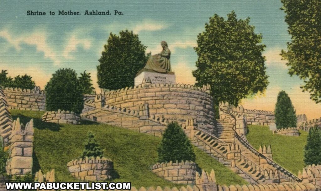 Vintage postcard depicting the Shrine to Mother at Ashland, Pennsylvania. The hand-colored card shows the Ashland Mothers' Memorial statue of a seated woman atop a circular stone wall, with steps leading up to it. The memorial is surrounded by trees with a serene sky in the background.