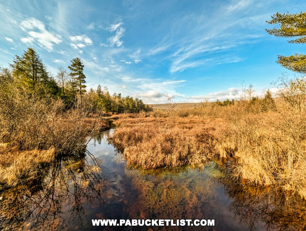 A serene landscape along the Bear Meadows Loop Hike in Centre County, Pennsylvania, showcasing a clear blue sky with wispy clouds above a wetland area. Reflections of trees and bushes are visible in the tranquil water amid the golden-brown hues of tall grasses and reeds in the foreground, with a backdrop of evergreen trees and a distant rolling hill.