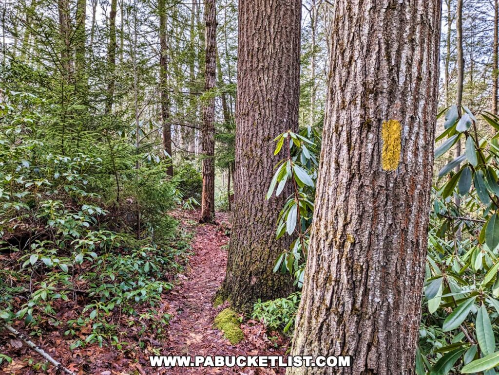 A narrow, earthy trail on the Bear Meadows Loop Hike in Centre County, Pennsylvania, edged by lush green rhododendron bushes. A tree with textured bark is marked with a yellow rectangle, indicating a trail blaze. The trail, blanketed with fallen leaves, weaves through the dense forest, inviting hikers to explore the tranquility of this natural area.