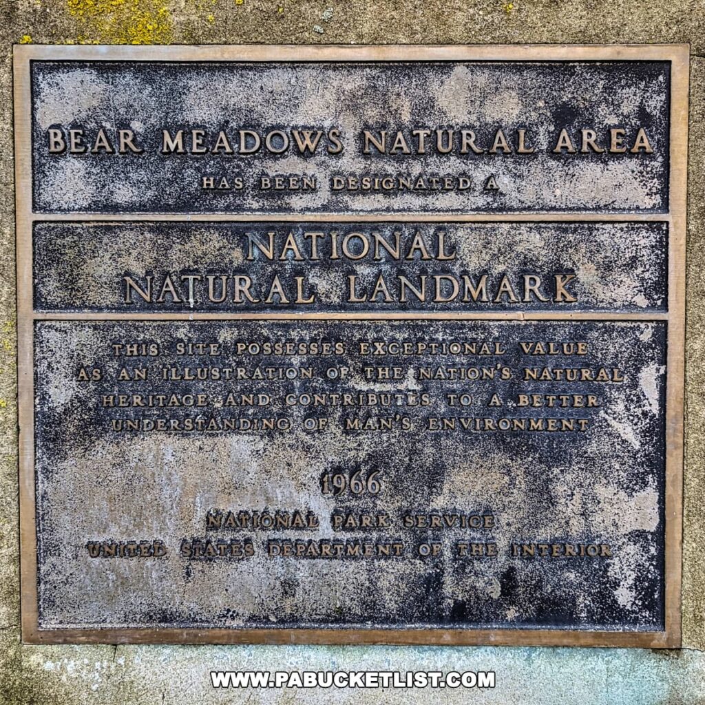 A weathered informational plaque at the Bear Meadows Natural Area, which reads that the area has been designated a National Natural Landmark. The plaque states the site possesses exceptional value as an illustration of the nation's natural heritage and contributes to a better understanding of man's environment. Dated 1966, it is issued by the National Park Service and the United States Department of the Interior, affirming the significance of this conservation site.