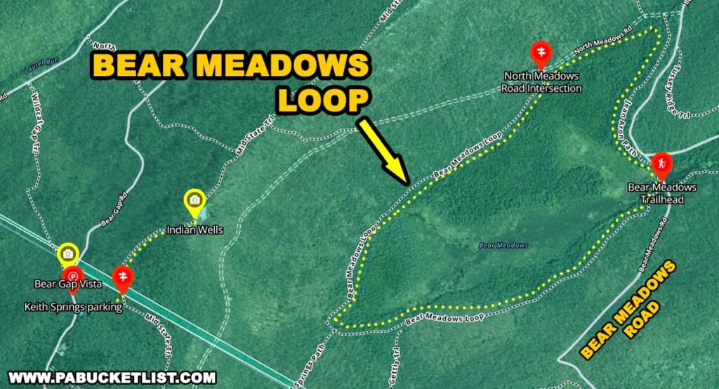 A map illustrating the Bear Meadows Loop trail in Centre County, Pennsylvania. Key points such as Bear Gap Vista, Indian Wells, the North Meadows Road Intersection, and the Bear Meadows Trailhead are marked with yellow pins. The trail is outlined by a dotted yellow line weaving through the greenery of the natural area, with 'BEAR MEADOWS ROAD' text indicating the main access route alongside the trail.