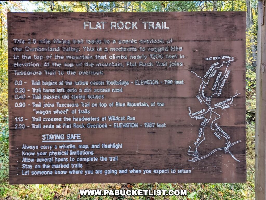 Information sign for the Flat Rock Trail at Colonel Denning State Park in Cumberland County, PA. The brown wooden sign provides details about the 2.5-mile hike to a scenic overlook, trail markers, elevation, and safety tips such as carrying a whistle, map, and flashlight, staying on marked trails, and informing others about your hike plans. It includes a white map outline of the trail network.