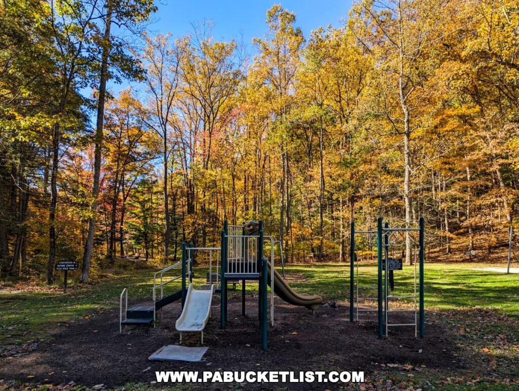 A vibrant playground nestled amidst a colorful autumn forest. Swings, slides, and a climbing structure stand out amidst a sea of red, orange, and yellow leaves. A wooden pavilion provides shelter for picnicking families, while a winding path invites exploration through the trees.