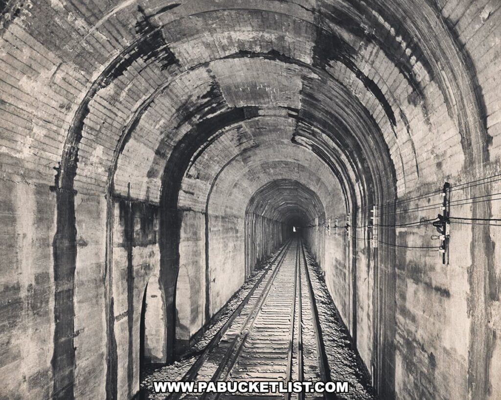 A black and white photo of the historic Crown Avenue Subway Tunnel in Scranton, Pennsylvania, showing the arched brick structure of the tunnel interior and a single track extending into the distance.