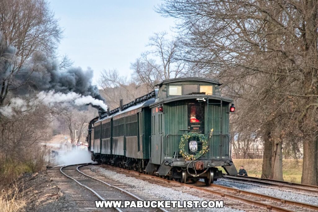 A vintage steam train with a green caboose adorned with a wreath and Christmas decorations is seen on the tracks at the East Broad Top Railroad in Huntingdon County, Pennsylvania. Smoke billows from the locomotive's stack as it travels through a leafless, winter landscape.
