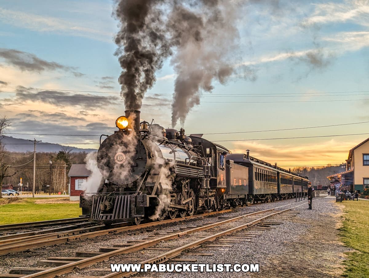 A historic steam locomotive number 16 from the East Broad Top Railroad is pictured preparing to depart the station in Huntingdon County, Pennsylvania. The train, pulling a series of passenger cars, emits a plume of smoke into the early evening sky colored by the setting sun. The scene captures the nostalgia and romance of vintage rail travel.