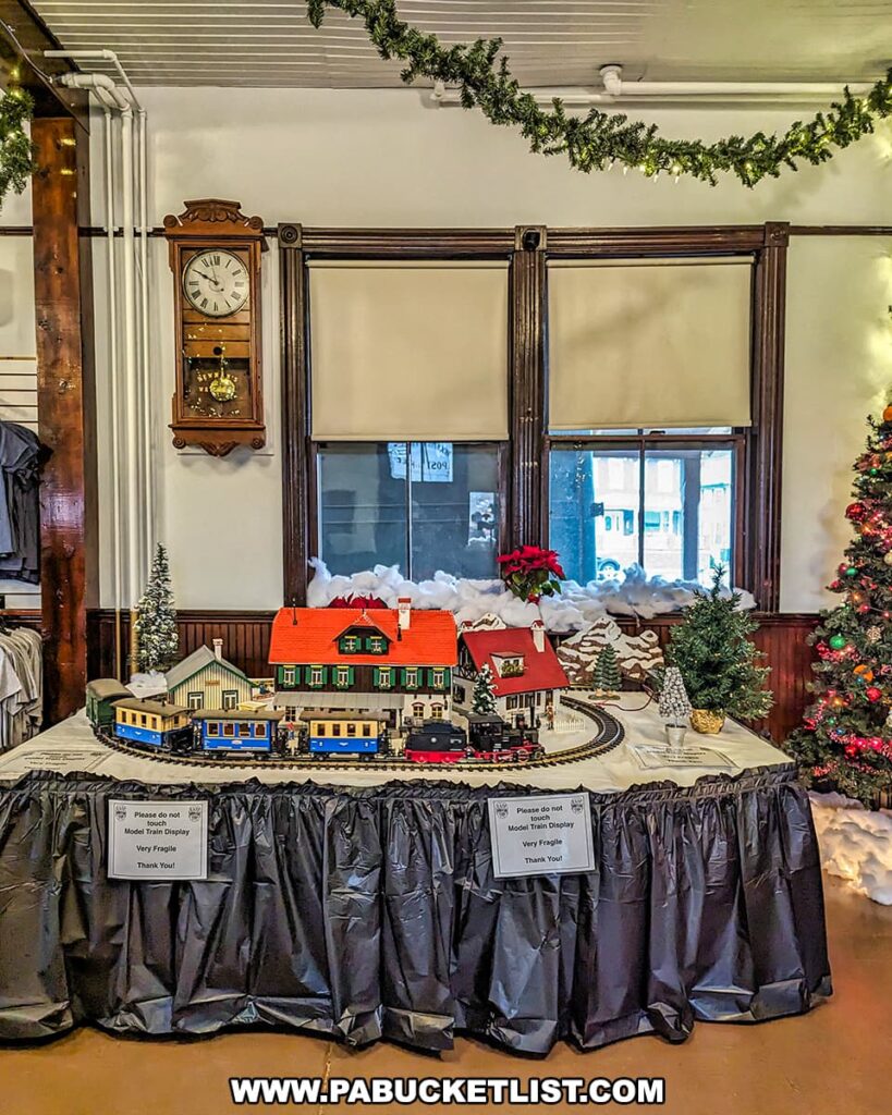 An intricately detailed model train display is set up inside the station at the East Broad Top Railroad in Huntingdon County, Pennsylvania. The display features a miniature steam train circling around a small village with a red-roofed station, snow-dusted pine trees, and a festive Christmas tree to the side. Garlands and a classic pendulum clock decorate the room, adding to the holiday spirit.