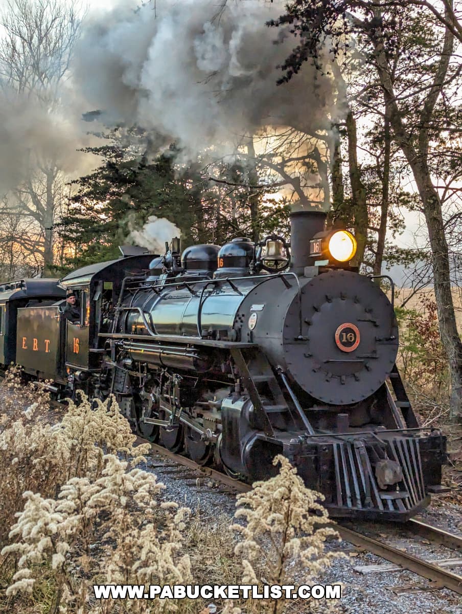 A majestic steam locomotive, numbered 16, is captured in action on the East Broad Top Railroad in Huntingdon County, Pennsylvania. Thick plumes of smoke rise into the dusky sky as the train's headlight illuminates the tracks ahead. Winter foliage and frost-covered plants line the foreground, enhancing the early evening, wintry atmosphere.